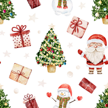 Watercolor Christmas pattern with Santa Claus, snowman, christmas tree and gift boxes isolated on...