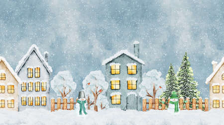 Seamless pattern with winter Christmas street village city with trees and snowmen on snowy background. Hand drawn watercolor illustration.の写真素材