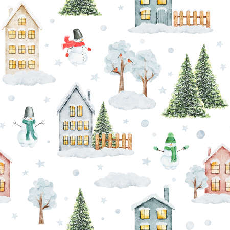 Watercolor Christmas pattern with winter houses, trees, snowmen and other christmas elements isolated on white background. Can be used for wrapping paper, textile, wallpaper, cards.の写真素材