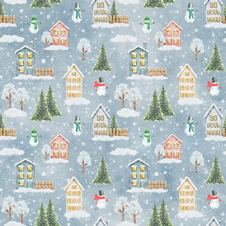Watercolor Christmas pattern with winter houses, trees, snowmen and other christmas elements on blue snowy background. Can be used for wrapping paper, textile, wallpaper, cards.の写真素材