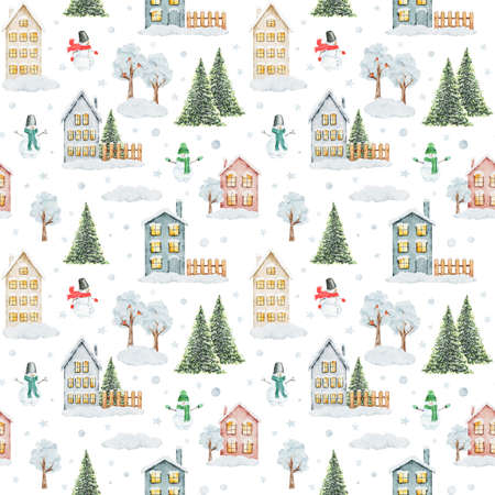Watercolor Christmas pattern with winter houses, trees, snowmen and other christmas elements isolated on white background. Can be used for wrapping paper, textile, wallpaper, cards.の写真素材