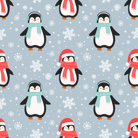 Christmas seamless pattern with cute cartoon penguins and snowflakes. Can be used for fabric, wrapping paper, scrapbooking, textile, poster, banner and other christmas design. flat style.のイラスト素材