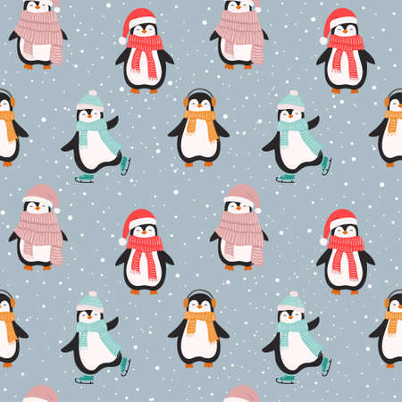 Christmas seamless pattern with cute cartoon penguins. Can be used for fabric, wrapping paper, scrapbooking, textile, poster, banner and other design. flat style.のイラスト素材