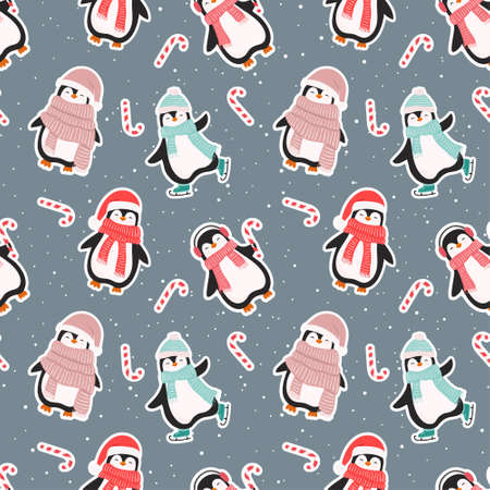 Christmas seamless pattern with cute cartoon penguins. Can be used for fabric, wrapping paper, scrapbooking, textile, poster, banner and other christmas design. flat style.のイラスト素材