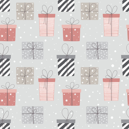Seamless pattern with gift boxes and snowflakes. Can be used for fabric, wrapping paper, scrapbooking, textile, poster, banner and other christmas design. flat style.のイラスト素材