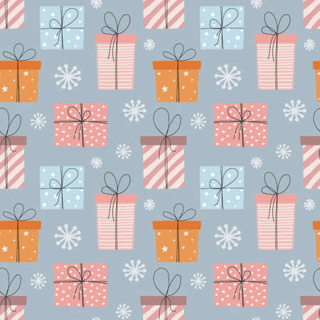 Seamless pattern with gift boxes and snowflakes. Can be used for fabric, wrapping paper, scrapbooking, textile, poster, banner and other christmas design. flat style.のイラスト素材