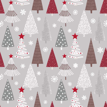 Christmas seamless pattern with christmas tree and snowflakes. Can be used for fabric, wrapping paper, scrapbooking, textile, poster, banner and other christmas design. flat style.のイラスト素材
