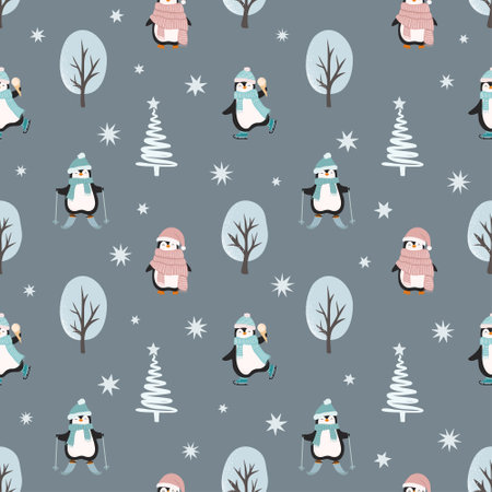 Christmas seamless pattern with cute cartoon penguins and trees. flat style.のイラスト素材