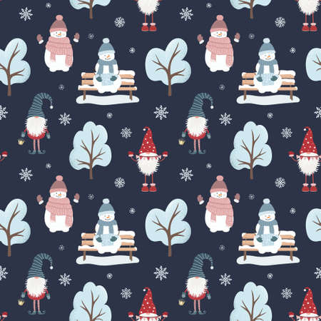 Christmas seamless pattern with snowmen, scandinavian gnomes, trees and snowflakes. Can be used for fabric, wrapping paper, scrapbooking, textile, poster, banner and other christmas design. flat style.のイラスト素材