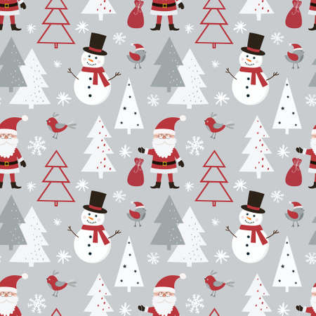Christmas seamless pattern with Santa Claus, snowman, birds and christmas tree. Can be used for fabric, wrapping paper, scrapbooking, textile and other design. flat style.のイラスト素材