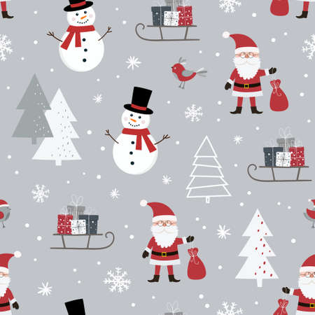 Christmas seamless pattern with Santa Claus, snowman, sleigh with gift boxes, birds and christmas tree. Can be used for fabric, wrapping paper, scrapbooking, textile etc. flat style.のイラスト素材