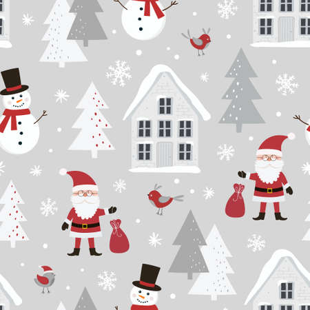 Christmas seamless pattern with Santa Claus, snowman, snowy house, christmas tree and snowflakes. Can be used for fabric, wrapping paper, scrapbooking, textile, poster etc. flat style.のイラスト素材