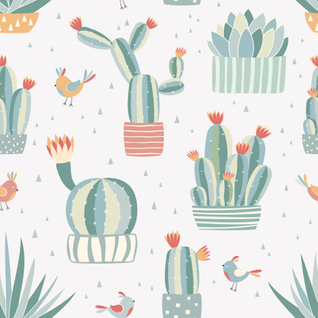 Vector seamless pattern with cactuses, succulents and birds. exotic summer background. Can be used for print, fabric, textile, wrapping paper etc.のイラスト素材