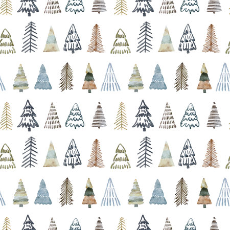 Watercolor christmas seamless pattern with christmas trees isolated on white background. Hand drawn watercolor illustration.の写真素材