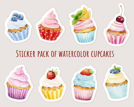Sticker pack of watercolor different cupcakes with fresh berries. Hand drawn watercolor illustration.の写真素材