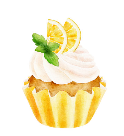 Watercolor delicious cupcake with lemon and mint isolated on white background. Hand drawn illustration for design of menu, cafe, advertisement etc.の写真素材