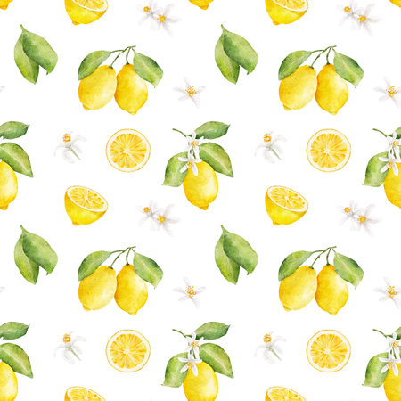 Watercolor seamless pattern with lemons and flowers isolated on white background. Hand drawn watercolor illustration.の写真素材