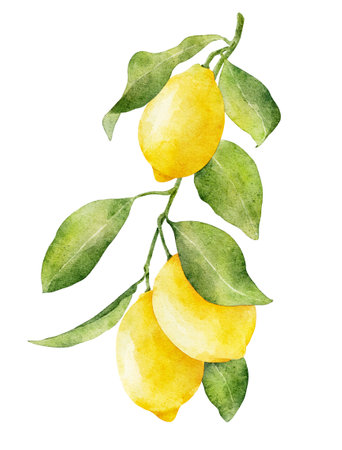 Branch with lemons isolated on white background. Hand drawn watercolor illustration.の写真素材