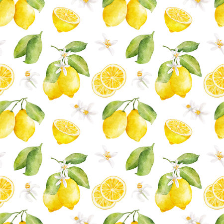Watercolor seamless pattern with lemons and flowers isolated on white background. Hand drawn watercolor illustration.の写真素材