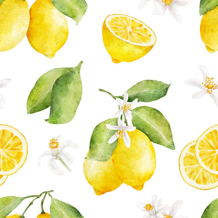 Watercolor seamless pattern with lemons and flowers isolated on white background. Hand drawn watercolor illustration.の写真素材