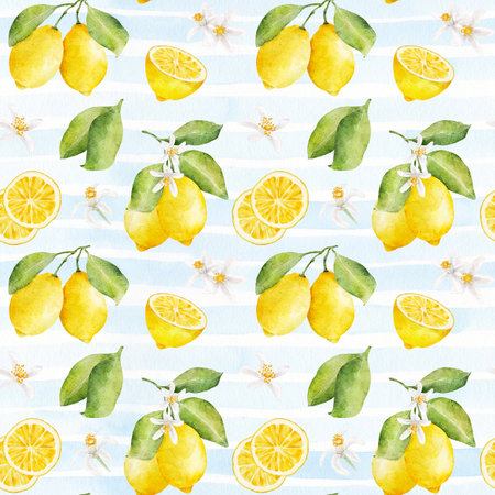 Watercolor seamless pattern with lemons and flowers on striped background. Hand drawn watercolor illustration.の写真素材