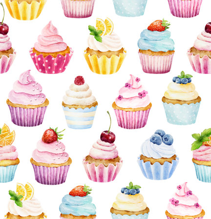 Watercolor seamless pattern with cupcakes isolated on white background. Hand drawn watercolor illustration. Can be used for wrapping paper, textile, wallpaper, cards and sweet bakery menu.の写真素材