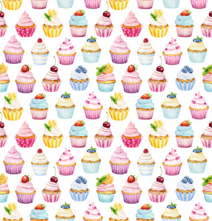 Watercolor seamless pattern with cupcakes isolated on white background. Hand drawn watercolor illustration. Can be used for wrapping paper, textile, wallpaper, cards and sweet bakery menu.の写真素材