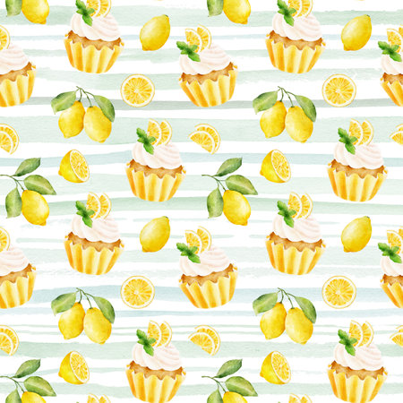 Watercolor seamless pattern with cupcake and lemons on striped background. Hand drawn watercolor illustration.の写真素材