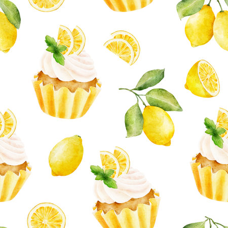 Watercolor seamless pattern with cupcake and lemons isolated on white background. Hand drawn watercolor illustration.の写真素材