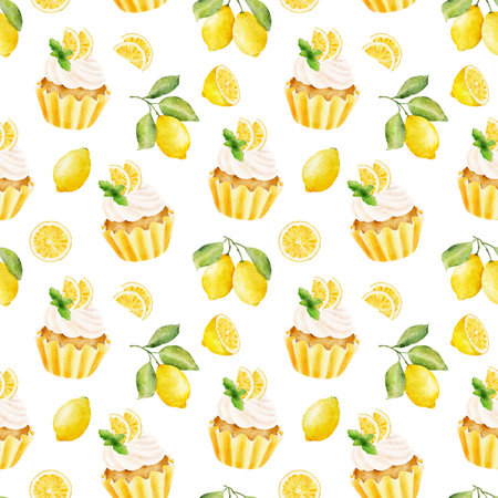 Watercolor seamless pattern with cupcake and lemons isolated on white background. Hand drawn watercolor illustration.の写真素材