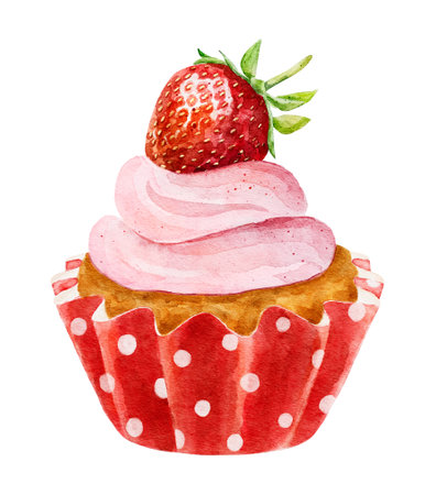 Watercolor delicious cupcake with fresh strawberry isolated on white background. Hand drawn illustration for design of menu, cafe, advertisement etc.の写真素材
