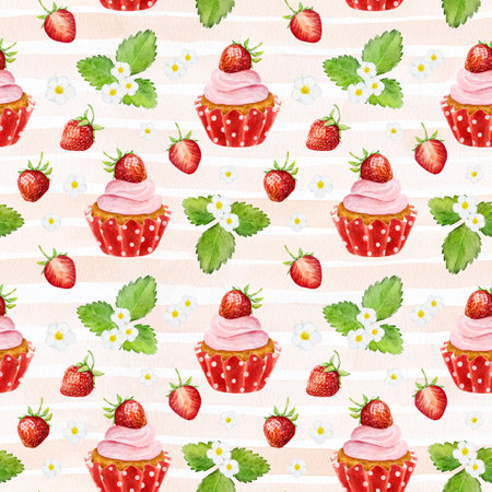 Seamless pattern with watercolor strawberry and cupcake on striped background. Can be used for textile, wrapping paper, design scrap book paper, invitations and other.の写真素材