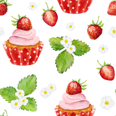 Seamless pattern with watercolor strawberry and cupcake isolated on white background. Can be used for textile, wrapping paper, design scrap book paper, invitations and other.の写真素材
