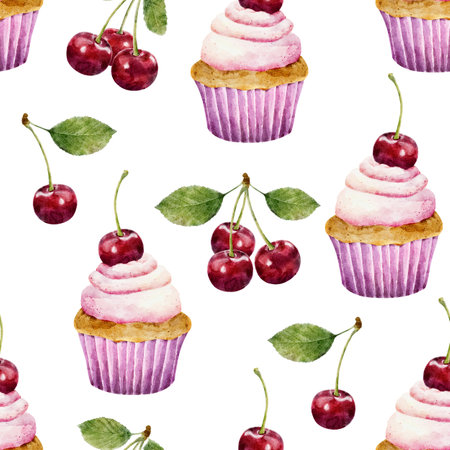 Seamless pattern with watercolor cherry and cupcake isolated on white background. Can be used for textile, wrapping paper, design scrap book paper, invitations and other.の写真素材