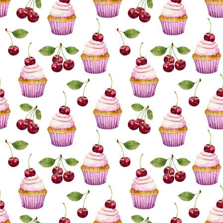 Seamless pattern with watercolor cherry and cupcake isolated on white background. Can be used for textile, wrapping paper, design scrap book paper, invitations and other.の写真素材