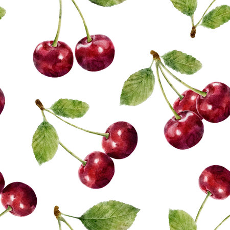 Seamless pattern with watercolor cherry isolated on white background. Can be used for textile, wrapping paper, design scrap book paper, invitations and other.の写真素材