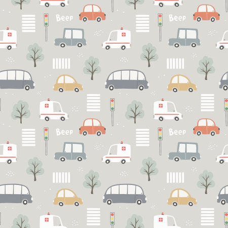 Seamless pattern with cute cars, traffic lights and trees. Can be used for nursery room, textile, wallpaper, packaging, clothing.のイラスト素材