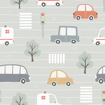 Seamless pattern with cute cars, traffic lights and trees.のイラスト素材