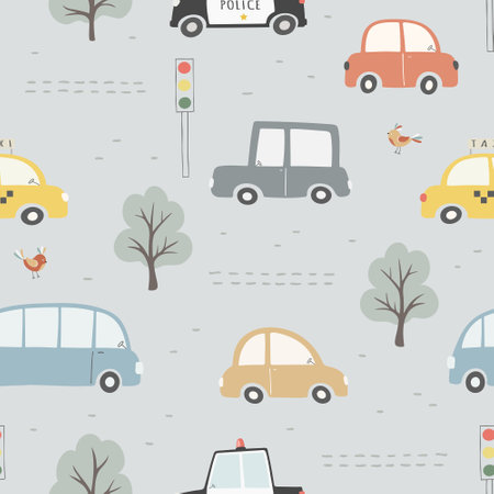 Seamless pattern with cute cars, traffic lights, trees and birds. Can be used for nursery room, textile, wallpaper, packaging, clothing.のイラスト素材