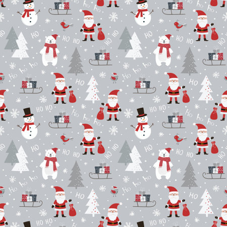 Christmas seamless pattern with Santa Claus, snowman, polar bear, sleigh with gift boxes, birds and christmas tree. Can be used for fabric, wrapping paper, scrapbooking, textile etc.のイラスト素材