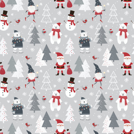 Christmas seamless pattern with scandinavian gnome, Santa Claus, snowman, polar bear, christmas tree and snowflakes. Can be used for fabric, wrapping paper, scrapbooking, textile, poster etc.のイラスト素材