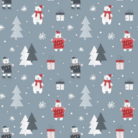 Christmas seamless pattern with polar bear and snowflakes. Can be used for fabric, wrapping paper, scrapbooking, textile, poster etc. flat style.のイラスト素材