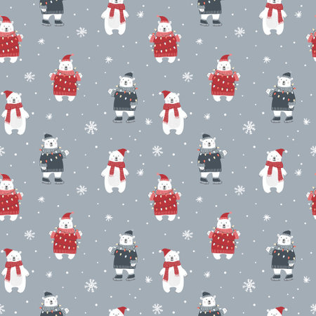 Christmas seamless pattern with polar bear and snowflakes. Can be used for fabric, wrapping paper, scrapbooking, textile, poster etc. flat style.のイラスト素材