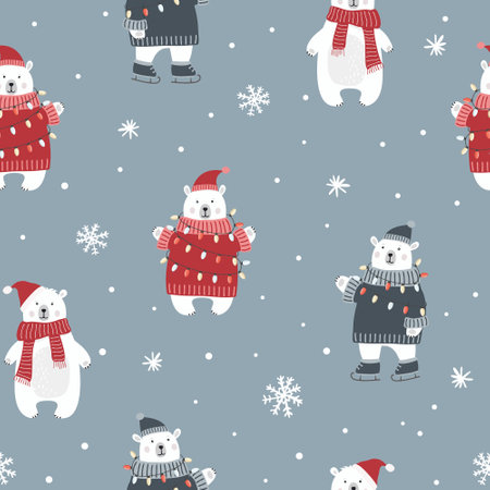Christmas seamless pattern with polar bear and snowflakes on blue background. Can be used for fabric, wrapping paper, scrapbooking, textile, poster etc. flat style.のイラスト素材