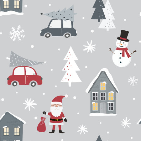Christmas seamless pattern with winter houses, snowmen, Santa Claus, christmas trees on car and snowflakes. Can be used for fabric, wrapping paper, scrapbooking, textile, poster, banner and other christmas design.のイラスト素材