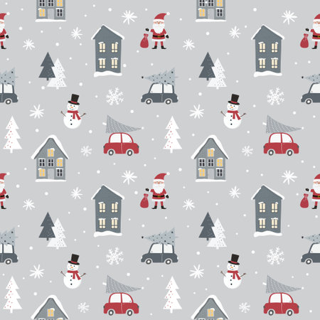 Christmas seamless pattern with winter houses, snowmen, Santa Claus, christmas trees on car and snowflakes. Can be used for fabric, wrapping paper, scrapbooking, textile, poster, banner and other christmas design.のイラスト素材