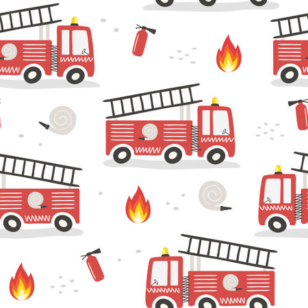 Seamless pattern with cute cartoon fire engines. Can be used for nursery room, textile, wallpaper, packaging, clothing. flat style.のイラスト素材