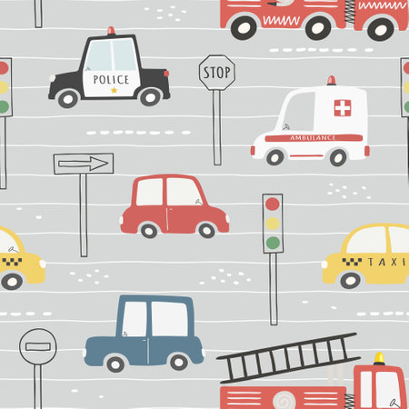 Seamless pattern with cute cars, traffic lights and traffic signs. Can be used for nursery room, textile, wallpaper, packaging, clothing.のイラスト素材
