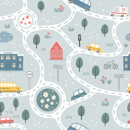 Children's City map with roads and transport. Kid carpet with cute cars, roads, trees and houses. vector seamless pattern. Can be used for nursery room, textile, clothing, wallpaper, packaging etc.のイラスト素材