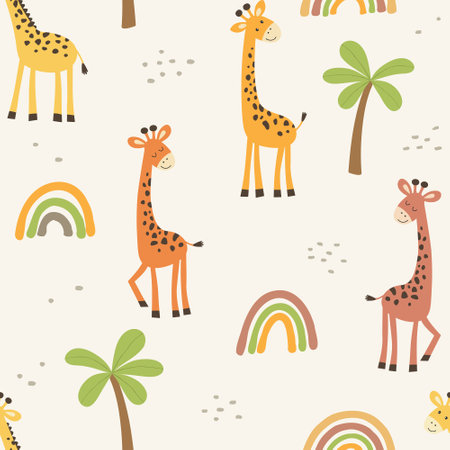 Seamless pattern with giraffe and palm. vector illustration. Can be used for nursery posters, patterns, wallpapers.のイラスト素材
